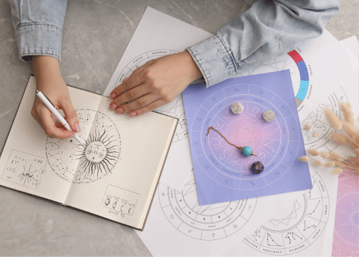 Ein Schreibtisch mit Notizen zur Berechnung des Aszendenten